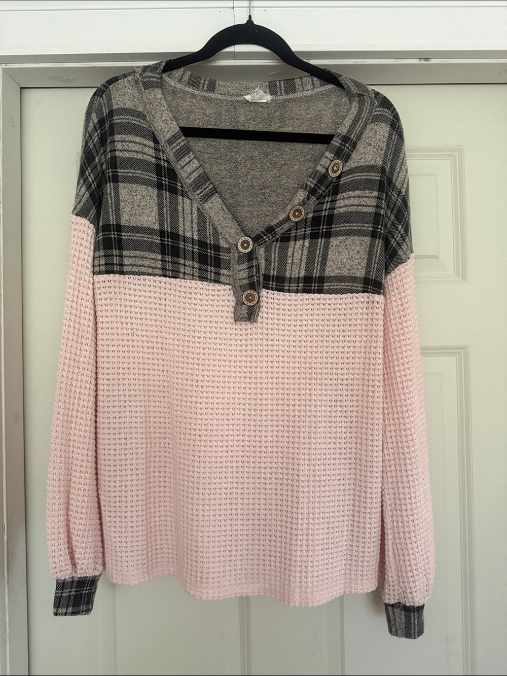 BiBi Pink and Gray Plaid V-Neck Waffle Knit Sweater with Button Accents